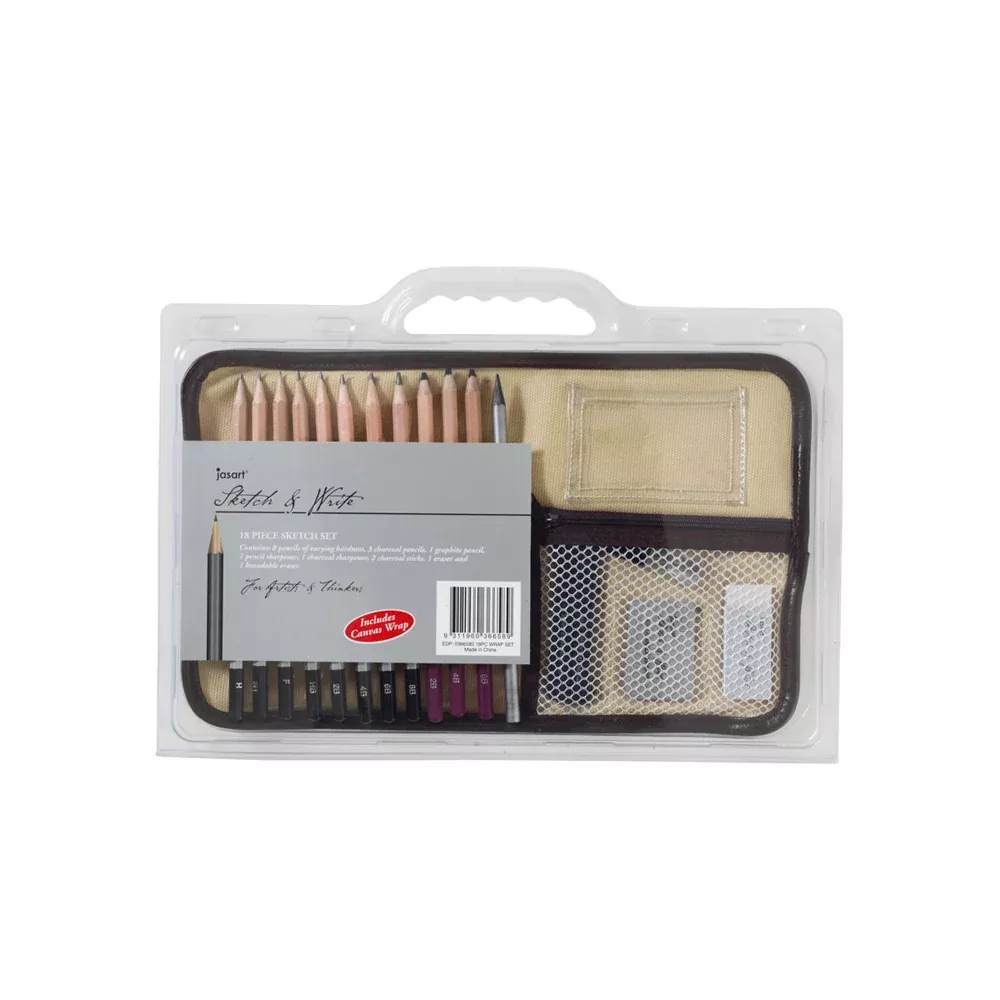 18pc Jasart Sketch & Write Wrap Pencil /Eraser /Sharpener Set w / Storage