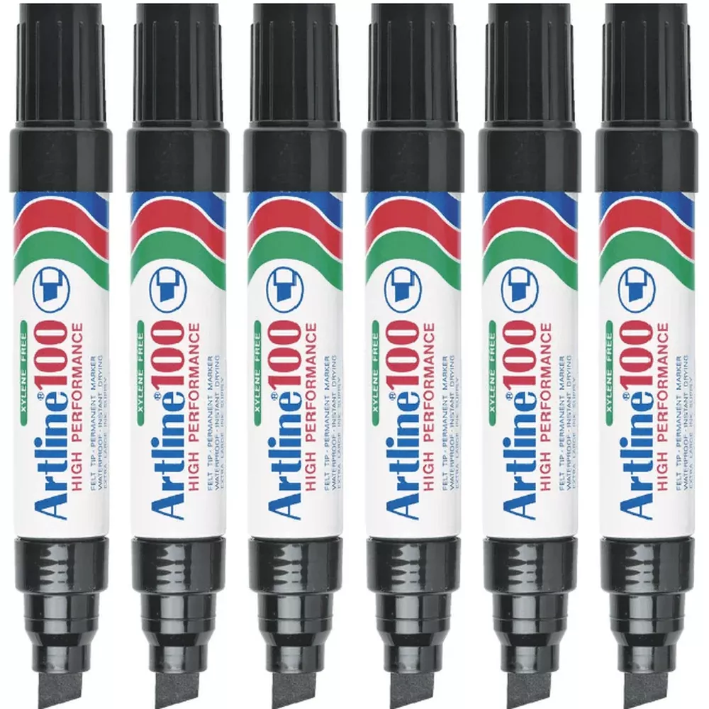 Artline 100 Box 6 Permanent Marker 12mm Chisel Tip Thick Nib (Black)