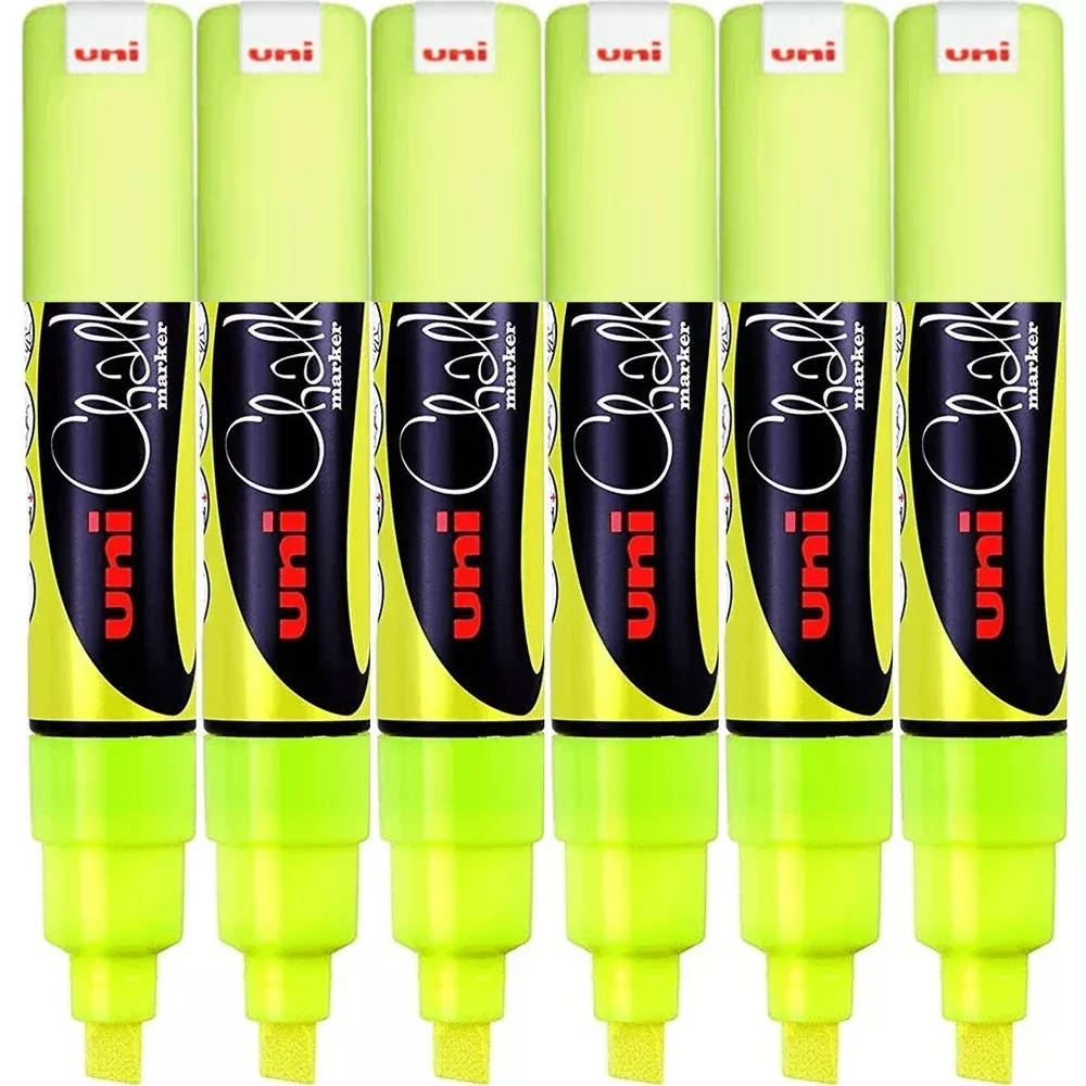 Uni-Ball PWE8K 6 Pack Chalk Marker Chisel Tip 8mm Thick (Fluro Yellow)